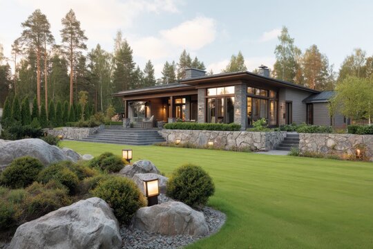 Home in a green landscape with trees and rocks, featuring a large outdoor space and steps leading to an entrance, captured during daylight