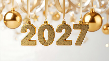 Golden 2027 number baubles are designed for New Year celebrations, hanging from a ribbon with isolated backgrounds in both white and transparent options.