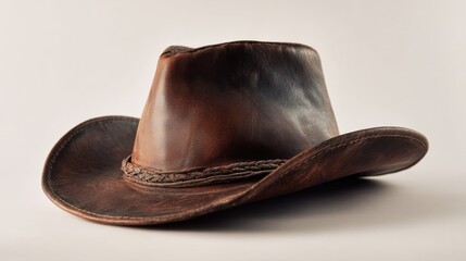 A brown cowboy hat rests on a plain background displaying its shape and texture. The leather shows signs of wear with a braided band around the base. This hat represents traditional western style.