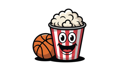 Cartoon popcorn bucket and basketball with happy faces