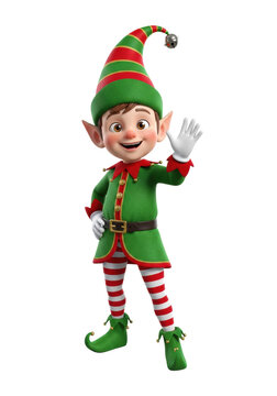 A highly detailed, cheerful 3d rendered christmas elf boy wearing a green velvet tunic and striped hat, waving enthusiastically on a bright white studio background, commercial holiday mascot concept