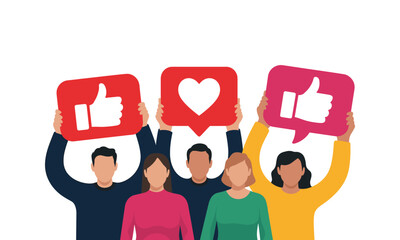 Diverse Group of People Holding Social Media Like and Heart Icons