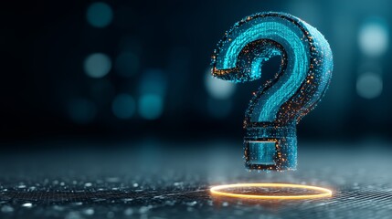 3D question mark composed of glowing blue and orange particles floating above a circular light. Inquiry, artificial intelligence, and digital innovation in a high-tech visual.