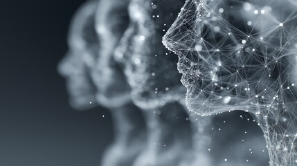 Digital head profiles formed by interconnected nodes and lines fading into the background. Neural networks, machine learning, and cognitive mapping in abstract AI visualization.