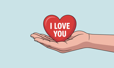 Hand holding a red heart with ILOVE YOU text