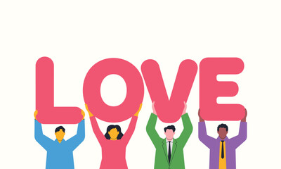 Diverse people holding up the word LOVE in pink letters