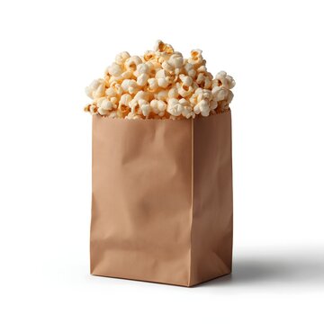 Brown paper bag filled with popcorn isolated on white background