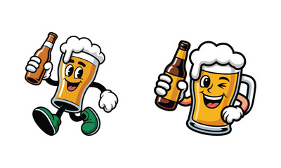 Two Cartoon Beer Glasses with Beer Bottles and Fun Poses