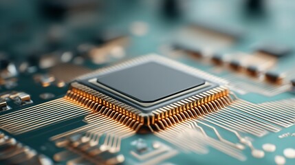 Close-up of square microchip mounted on PCB with gold pins and copper traces. Electronic hardware, integrated circuits, and digital signal routing in precision tech visualization.