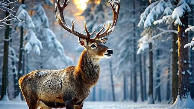Majestic red deer stag with large antlers in a snowy winter forest. Wild animal standing in a cold landscape at sunrise. Nature and wildlife concept