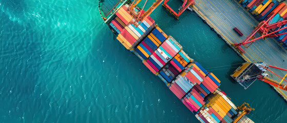 Aerial top view of container ship docked at cargo port with cranes loading colorful containers. Concept of global trade, shipping logistics, maritime transport and supply chain operations.