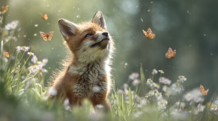 Fototapeta premium A young fox sits in a field of wildflowers looking up at butterflies fluttering around. It is a warm afternoon in a lush forest setting filled with greenery.