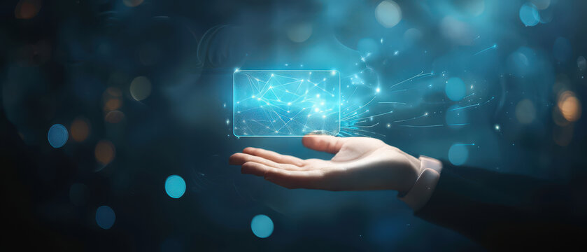 A transparent digital payment card floats above an open hand with glowing data lines and futuristic light effects, symbolizing finance technology, online transactions and secure modern banking. - Powered by Adobe