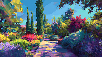 An impressionist garden with thick oil paint brushstrokes rendered in a modern 3D low poly geometric style with vibrant sunlit colors.