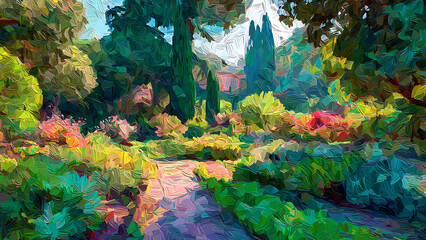 An impressionist garden with thick oil paint brushstrokes rendered in a modern 3D low poly geometric style with vibrant sunlit colors.