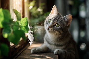 A curious gray-striped cat plays with a feather, the golden sunlight pouring through the window, highlighting vibrant green leaves and adding to the cozy atmosphere.