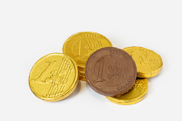 Group of chocolate Euro coins isolated on white background