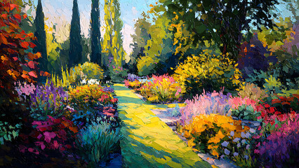 An impressionist garden with thick oil paint brushstrokes rendered in a modern 3D low poly geometric style with vibrant sunlit colors.