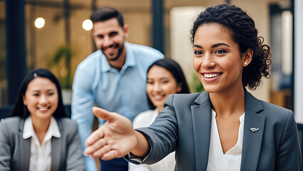 Fototapeta premium African American woman in a business suit extends her hand for a handshake, surrounded by smiling colleagues in a modern office setting, conveying professionalism and teamwork