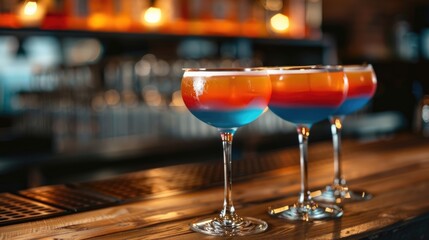 Three colorful cocktails with layered blue, orange, and red drinks in elegant glasses on a wooden bar counter. copy space, free space for text