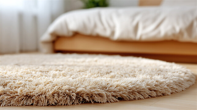 Cozy bedroom interior with a round fluffy rug beside a bed in warm morning light. Soft textile textures, minimalist decor, comfort and restful home lifestyle, with copy space.