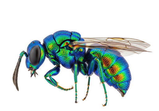 Extreme macro profile of a dazzling iridescent cuckoo wasp, metallic emerald green and sapphire blue, featuring complex eyes and delicate wings, studio lighting, isolated on white, concept of