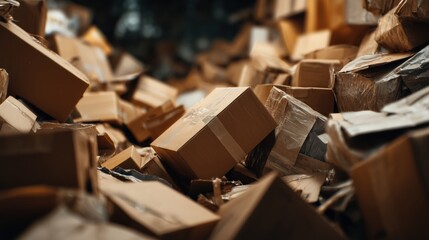 Large pile of discarded cardboard boxes in a recycling center
