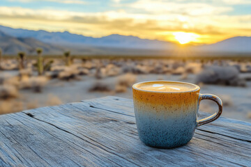 hand made coffee cup on wooden table in the background of desert and mountains