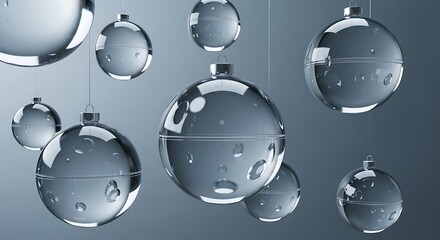 A collection of clear, modern, crystalline holiday ornaments suspended elegantly against a muted gray background for winter decoration concepts.