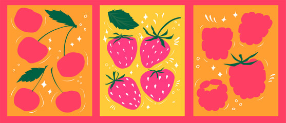 Strawberries, cherries, raspberries. Juicy abstract posters. Sweet healthy food. Vector illustration. © Мария Василенко