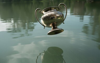 A shiny silver trophy cup floating on calm water surface with reflection