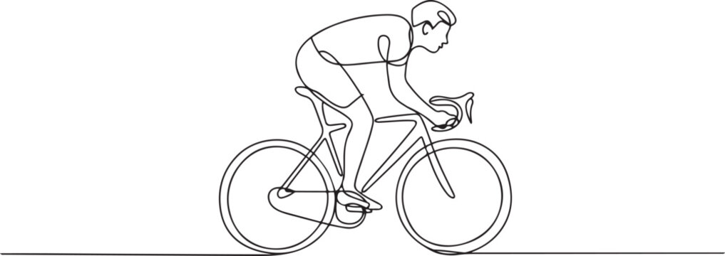 Single continuous line drawing of young agile man cyclist train to pedal cycling fast. Sport lifestyle concept. Trendy one line draw design vector. one line Icon drawing