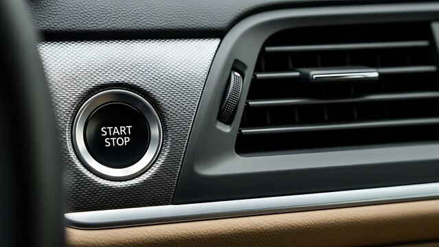 Close up view of a car s interior showing the engine start stop button