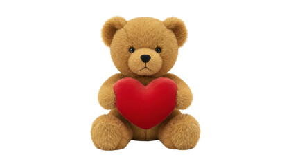 Cute brown fluffy teddy bear holding a big red velvet heart as a romantic gift for Valentine's Day or a special anniversary, sitting and looking forward with a sweet expression
