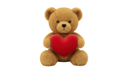 Cute brown fluffy teddy bear holding a big red velvet heart as a romantic gift for Valentine's Day or a special anniversary, sitting and looking forward with a sweet expression