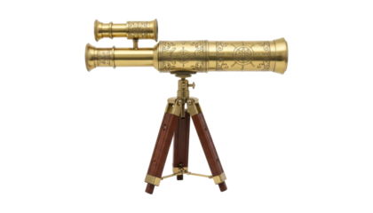 Vintage brass telescope with intricate nautical engravings and a spotting scope stands on a wooden tripod, symbolizing discovery, adventure, and maritime exploration