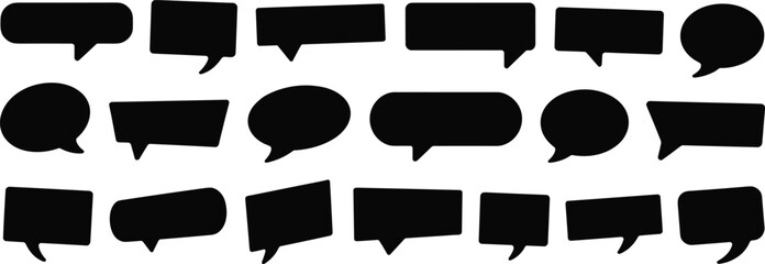Black silhouette speech bubbles collection, various shapes and sizes, communication icons, dialogue symbols, chat bubbles, vector design elements, message clouds