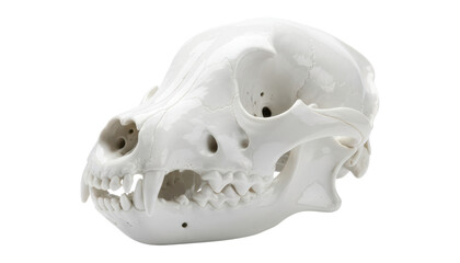 Clean white canine skull with visible sutures and sharp teeth, meticulously detailed in a side profile view for anatomical or veterinary study