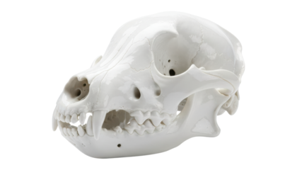 Clean white canine skull with visible sutures and sharp teeth, meticulously detailed in a side profile view for anatomical or veterinary study
