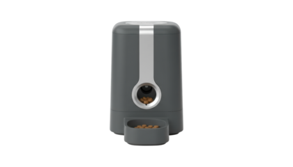 Modern grey automatic pet food dispenser filled with dry kibble, featuring a sleek design and an integrated portion control bowl for scheduled animal feeding