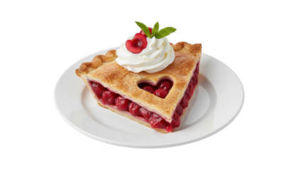 Delicious slice of homemade cherry pie with a golden crust and a heart-shaped cutout, topped with whipped cream, a fresh mint sprig, and a single cherry on a white plate