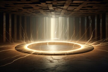 Ancient stone chamber with a glowing energy portal generating electric current