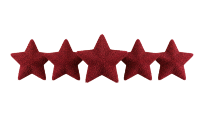 Five fluffy red furry stars in a row representing a top rating for customer satisfaction, quality service, and positive feedback in a product review concept