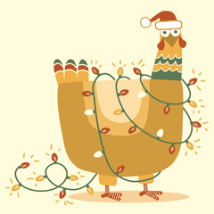 Cute Christmas chicken with lights funny holiday vector Illustration isolated. Cute Chickmas with holiday lights decorated and Santa hat. Funny festive illustration in warm colors.