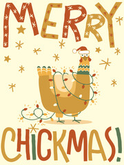 Merry Chickmas funny christmas chicken vector card illustration. Cute Merry chickmas illustration with chicken and Christmas lights.