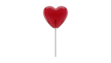 Red heart-shaped lollipop candy with small air bubbles inside is presented on a white stick as a sweet romantic treat for a Valentine's Day celebration