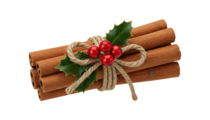 Bundle of fragrant cinnamon sticks tied with a rustic jute rope and decorated with a festive sprig of holly with bright red berries for a traditional winter celebration