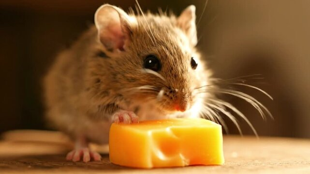 Close up of a cute little house mouse nibbling on a block of cheddar cheese