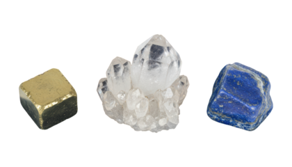 Collection of three raw mineral specimens, featuring a golden pyrite cube, a transparent quartz crystal cluster, and a vibrant blue lapis lazuli stone with golden flecks