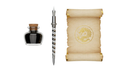 Vintage writing set featuring an aged parchment scroll with a golden dragon emblem, an ornate silver dip pen, and a glass inkwell with black ink and a cork stopper